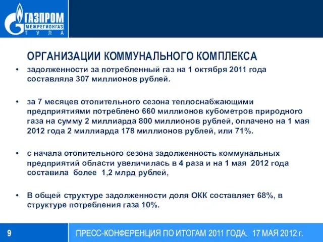 ОРГАНИЗАЦИИ КОММУНАЛЬНОГО КОМПЛЕКСА задолженности за потребленный газ на 1 октября 2011 года