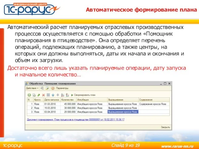 Автоматическое формирование плана Автоматический расчет планируемых отраслевых производственных процессов осуществляется с помощью