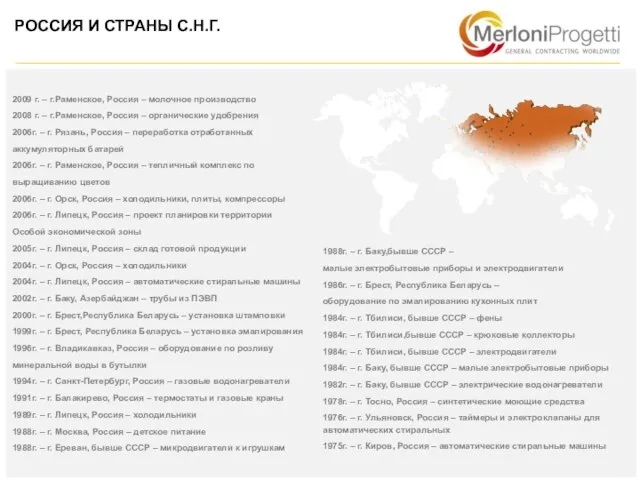 2009 г. – г.Раменское, Россия – молочное производство 2008 г. – г.Раменское,