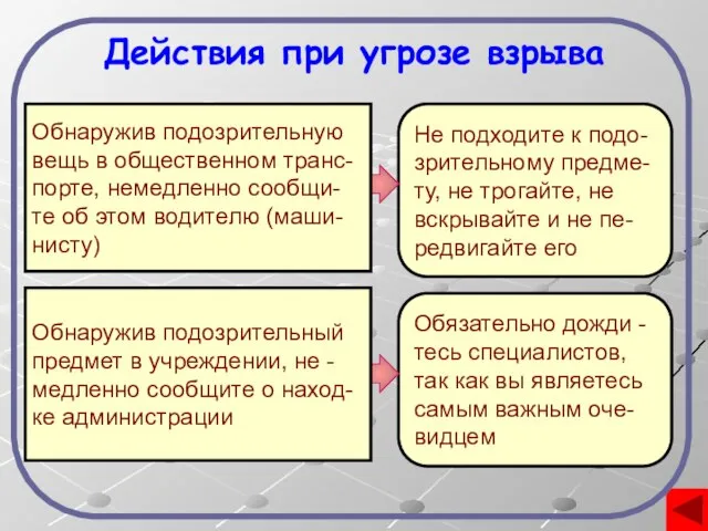 Действия при угрозе взрыва Не подходите к подо- зрительному предме- ту, не