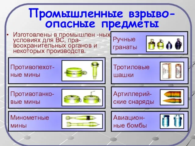 Промышленные взрыво- опасные предметы Изготовлены в промышлен -ных условиях для ВС, пра-