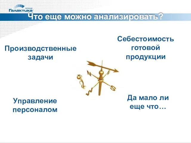 Что еще можно анализировать? Производственные задачи Управление персоналом Себестоимость готовой продукции Да мало ли еще что…