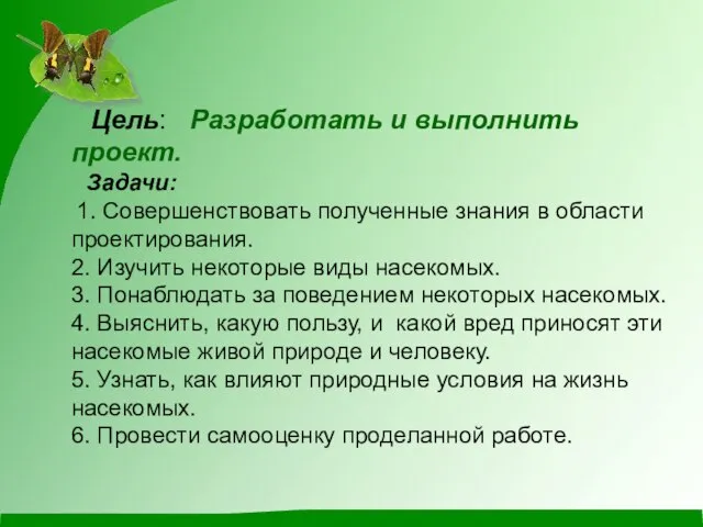 Цель: Разработать и выполнить проект. Задачи: 1. Совершенствовать полученные знания в области