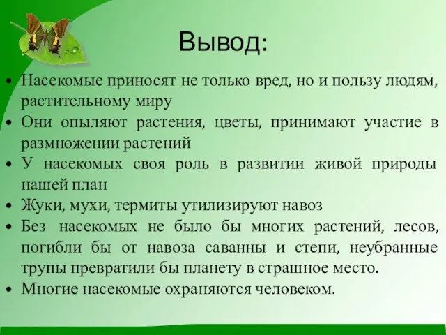 Вывод: Насекомые приносят не только вред, но и пользу людям, растительному миру