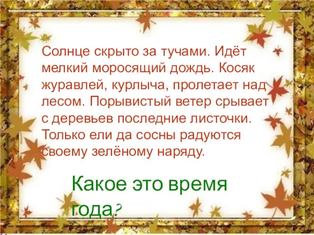 Солнце скрыто за тучами. Идёт мелкий моросящий дождь. Косяк журавлей, курлыча, пролетает