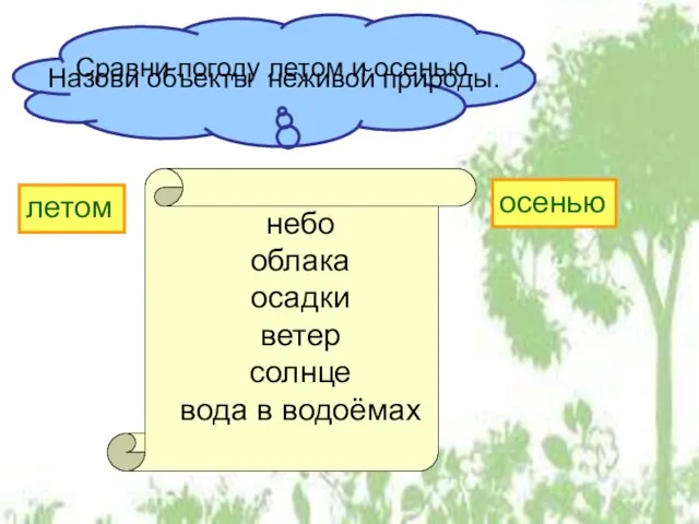 Назови объекты неживой природы. небо облака осадки ветер солнце вода в водоёмах