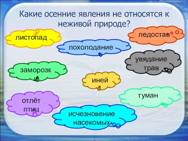 Какие осенние явления не относятся к неживой природе? листопад ледостав похолодание заморозки