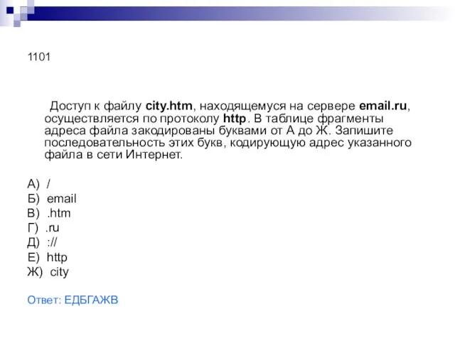 1101 Доступ к файлу city.htm, находящемуся на сервере email.ru, осуществляется по протоколу