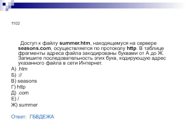 1102 Доступ к файлу summer.htm, находящемуся на сервере seasons.com, осуществляется по протоколу