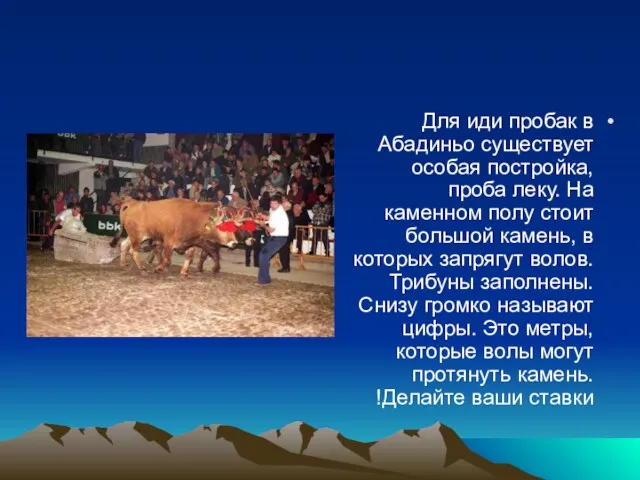 Для иди пробак в Абадиньо существует особая постройка, проба леку. На каменном