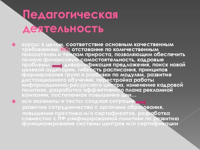 Педагогическая деятельность курсы: в целом, соответствие основным качественным требованиям, НО: отставание по