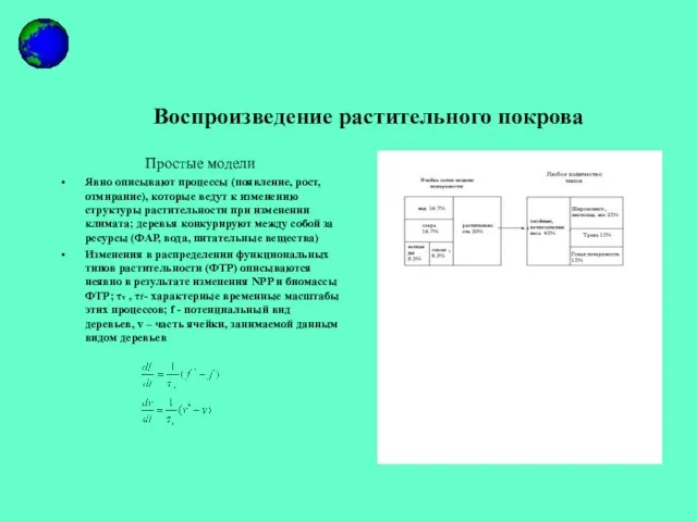 Воспроизведение растительного покрова Простые модели Явно описывают процессы (появление, рост, отмирание), которые