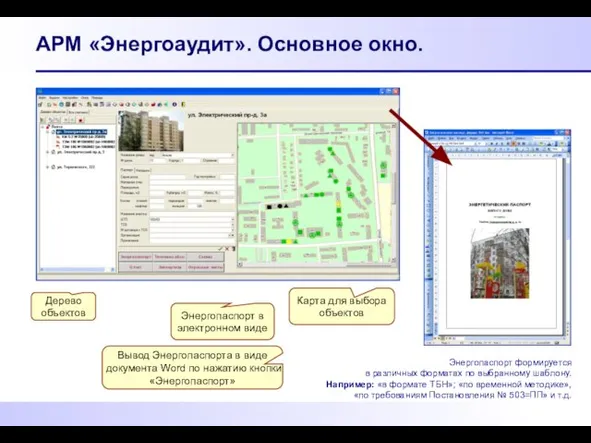 АРМ «Энергоаудит». Основное окно. Дерево объектов Энергопаспорт в электронном виде Карта для