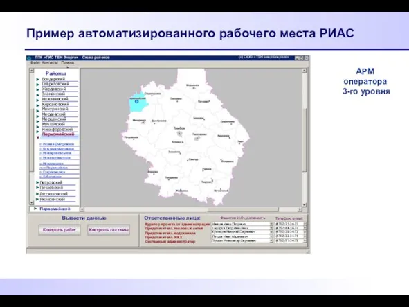 Пример автоматизированного рабочего места РИАС Районы Ответственные лица: Вывести данные Первомайский Файл