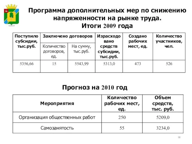 Программа дополнительных мер по снижению напряженности на рынке труда. Итоги 2009 года Прогноз на 2010 год