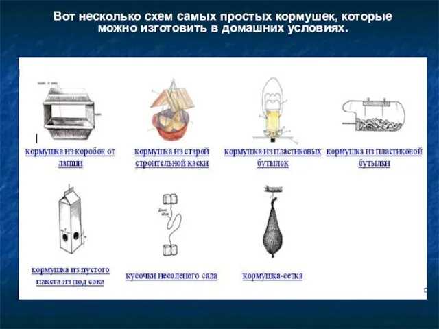 Вот несколько схем самых простых кормушек, которые можно изготовить в домашних условиях.