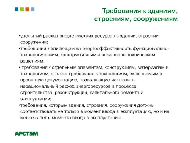 удельный расход энергетических ресурсов в здании, строении, сооружении; требования к влияющим на