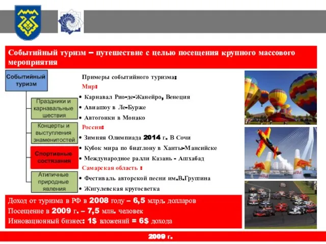 2009 г. Событийный туризм – путешествие с целью посещения крупного массового мероприятия