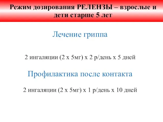 Режим дозирования РЕЛЕНЗЫ – взрослые и дети старше 5 лет Лечение гриппа