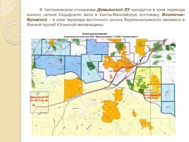 В тектоническом отношении Демьянский ЛУ находится в зоне перехода южного склона Ендырского