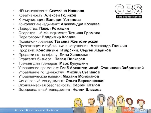 HR-менеджмент: Светлана Иванова Креативность: Алексей Голиков Коммуникация: Валерия Устинова Конфликт-менеджмент: Александра Козлова