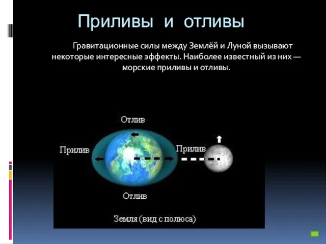 Приливы и отливы Гравитационные силы между Землёй и Луной вызывают некоторые интересные