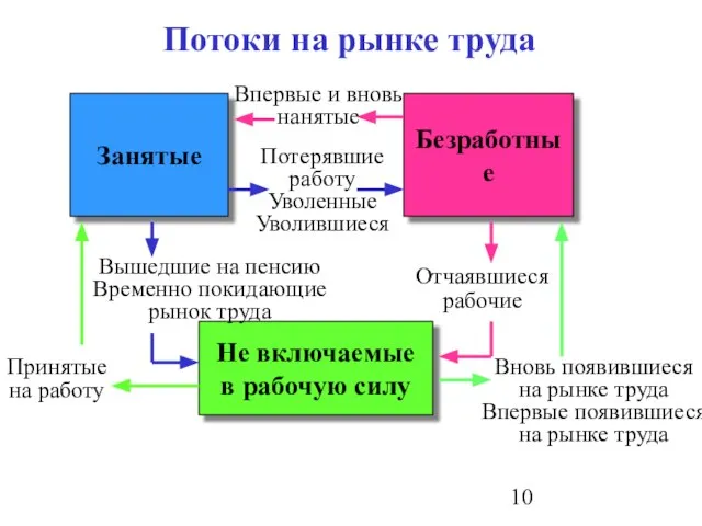 Занятые Безработные Не включаемые в рабочую силу Потоки на рынке труда Впервые