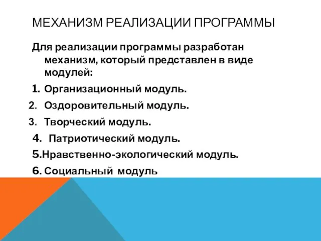 МЕХАНИЗМ РЕАЛИЗАЦИИ ПРОГРАММЫ Для реализации программы разработан механизм, который представлен в виде