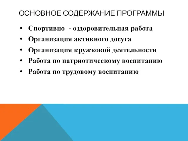 ОСНОВНОЕ СОДЕРЖАНИЕ ПРОГРАММЫ Спортивно - оздоровительная работа Организация активного досуга Организация кружковой