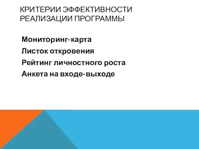 КРИТЕРИИ ЭФФЕКТИВНОСТИ РЕАЛИЗАЦИИ ПРОГРАММЫ Мониторинг-карта Листок откровения Рейтинг личностного роста Анкета на входе-выходе