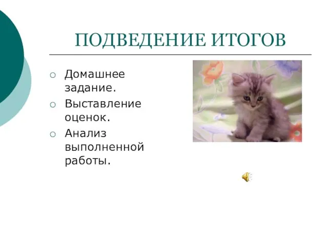 ПОДВЕДЕНИЕ ИТОГОВ Домашнее задание. Выставление оценок. Анализ выполненной работы.