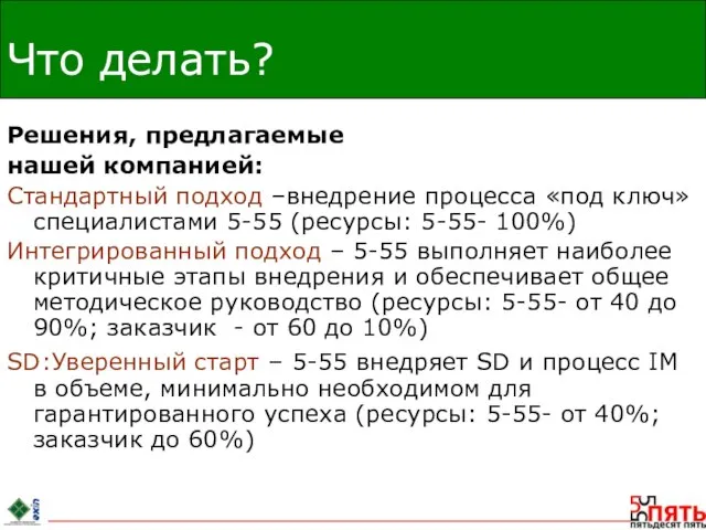 Что делать? Решения, предлагаемые нашей компанией: Стандартный подход –внедрение процесса «под ключ»