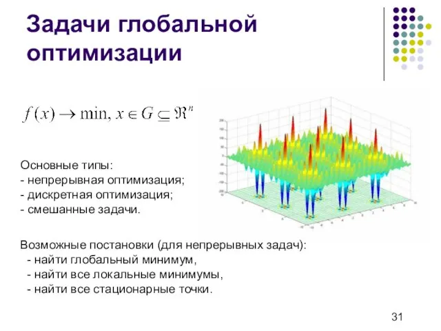 Задачи глобальной оптимизации Возможные постановки (для непрерывных задач): - найти глобальный минимум,