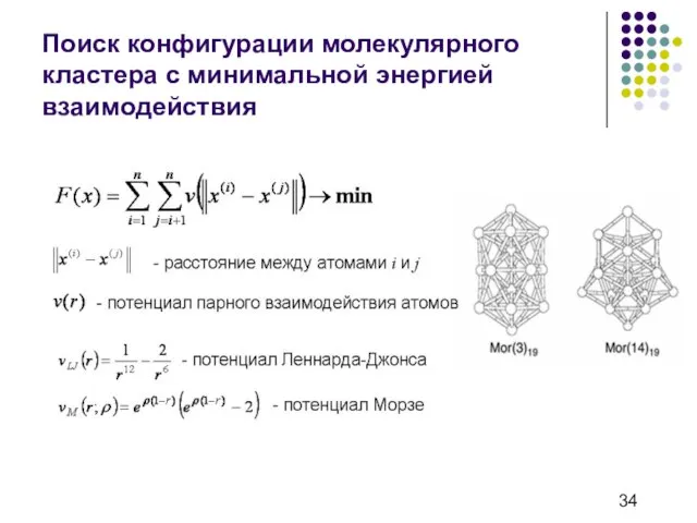 Поиск конфигурации молекулярного кластера с минимальной энергией взаимодействия