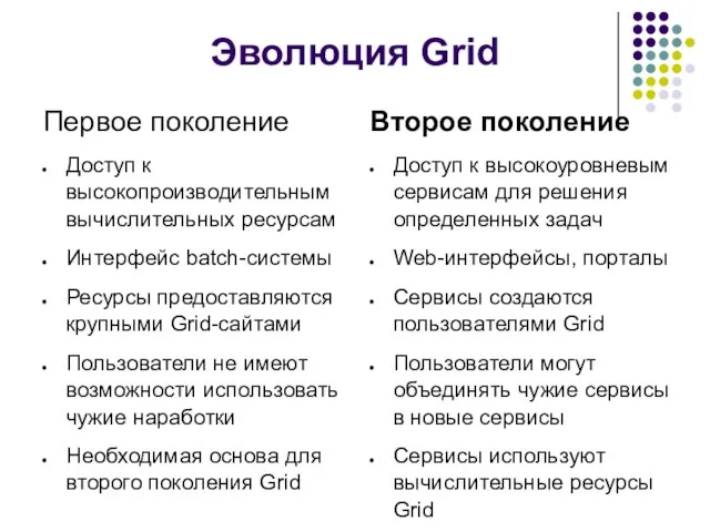 Эволюция Grid Первое поколение Доступ к высокопроизводительным вычислительных ресурсам Интерфейс batch-системы Ресурсы