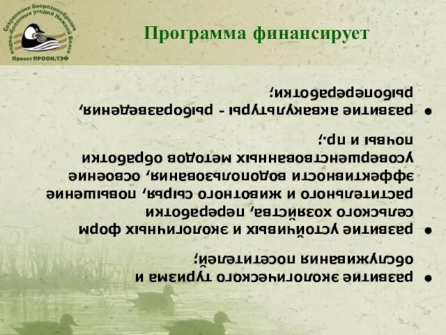 Программа финансирует развитие экологического туризма и обслуживания посетителей; развитие устойчивых и экологичных