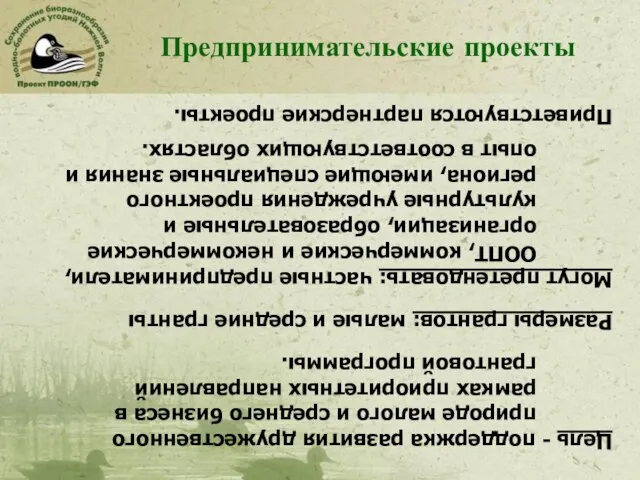 Предпринимательские проекты Цель - поддержка развития дружественного природе малого и среднего бизнеса