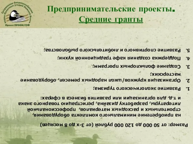 Предпринимательские проекты. Средние гранты Размер: от 50 000 до 120 000 рублей