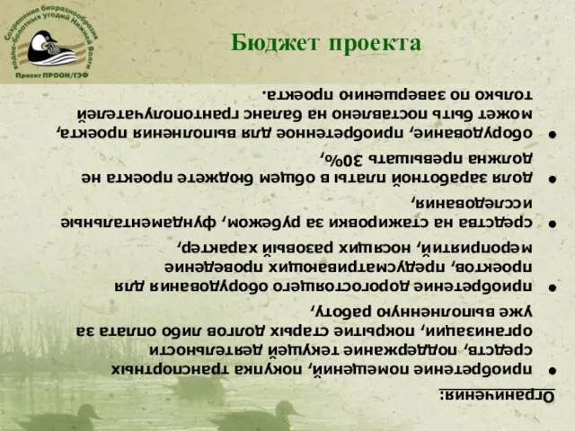 Бюджет проекта Ограничения: приобретение помещений, покупка транспортных средств, поддержание текущей деятельности организации,