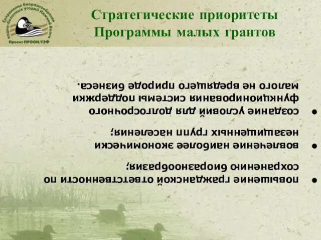 Стратегические приоритеты Программы малых грантов • повышение гражданской ответственности по сохранению биоразнообразия;