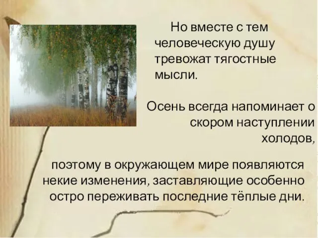 Но вместе с тем человеческую душу тревожат тягостные мысли. Осень всегда напоминает