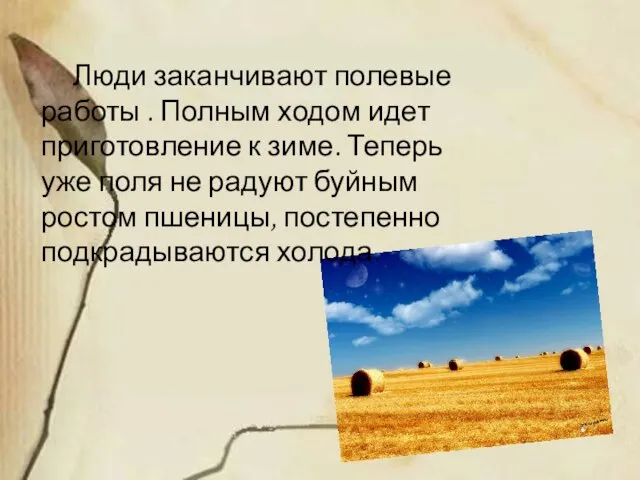 Люди заканчивают полевые работы . Полным ходом идет приготовление к зиме. Теперь