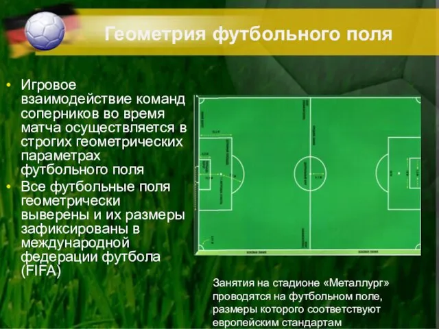 Геометрия футбольного поля Игровое взаимодействие команд соперников во время матча осуществляется в