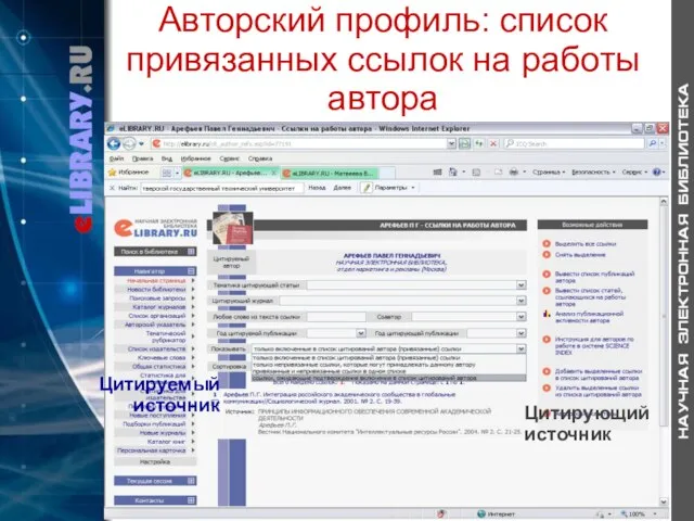 Авторский профиль: список привязанных ссылок на работы автора Цитируемый источник Цитирующий источник