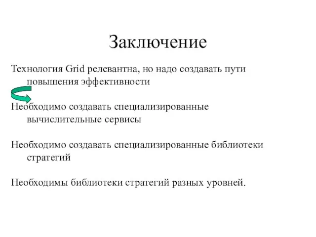 Заключение Технология Grid релевантна, но надо создавать пути повышения эффективности Необходимо создавать