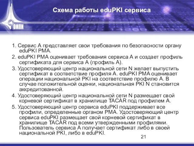 Схема работы eduPKI сервиса 1. Сервис А представляет свои требования по безопасности