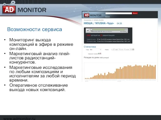 www.admonitor.ru Возможности сервиса Мониторинг выхода композиций в эфире в режиме он-лайн. Маркетинговый