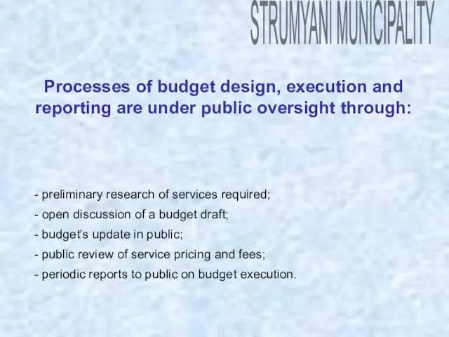 Processes of budget design, execution and reporting are under public oversight through: