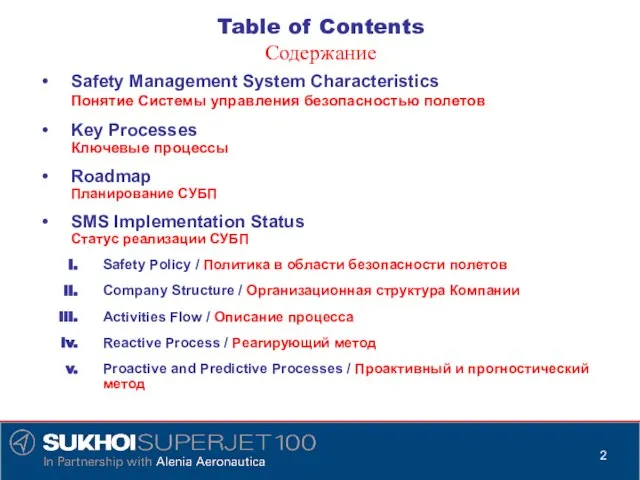 Table of Contents Содержание Safety Management System Characteristics Понятие Системы управления безопасностью