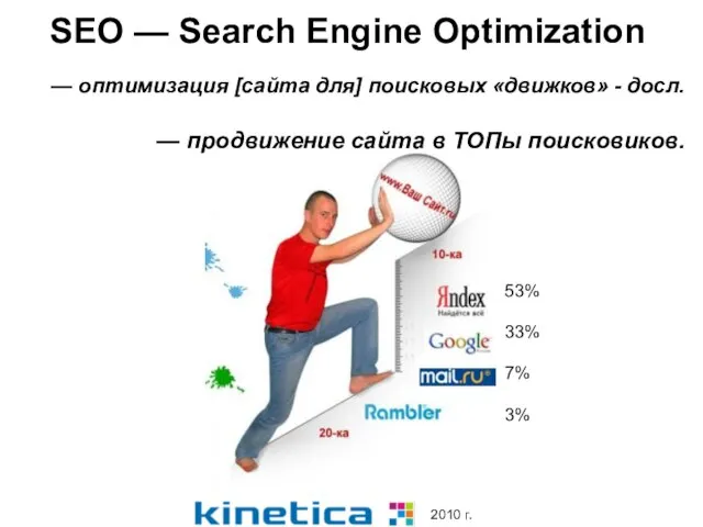 SEO — Search Engine Optimization — оптимизация [сайта для] поисковых «движков» -